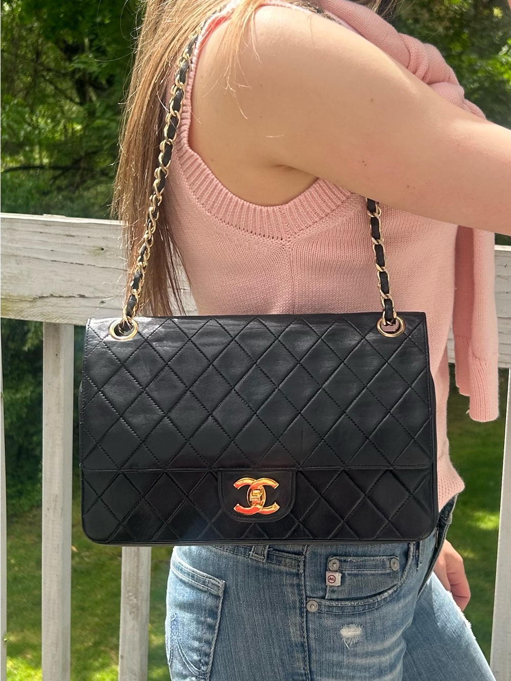 CHANEL  Medium Classic Double Flap Lambskin Quilted Handbag Black / 24K Gold